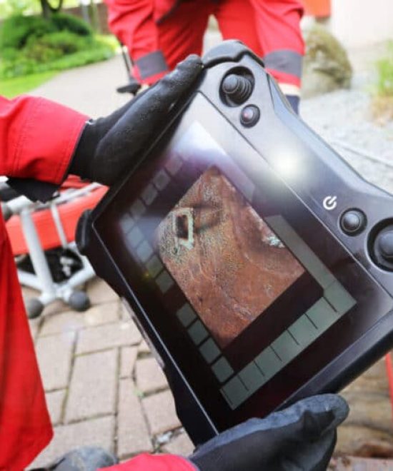Zwei Rohrwelt-Mitarbeiter führen eine professionelle Kanalinspektion mit TV-Kamera durch – schnelle Analyse und Dokumentation der Rohrleitungen.