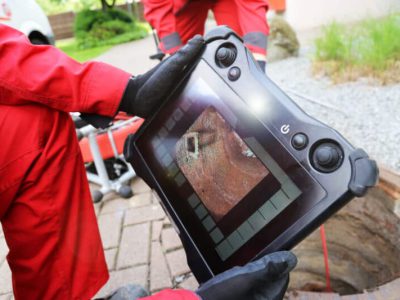 Zwei Rohrwelt-Mitarbeiter f&uuml;hren eine professionelle Kanalinspektion mit TV-Kamera durch &ndash; schnelle Analyse und Dokumentation der Rohrleitungen.